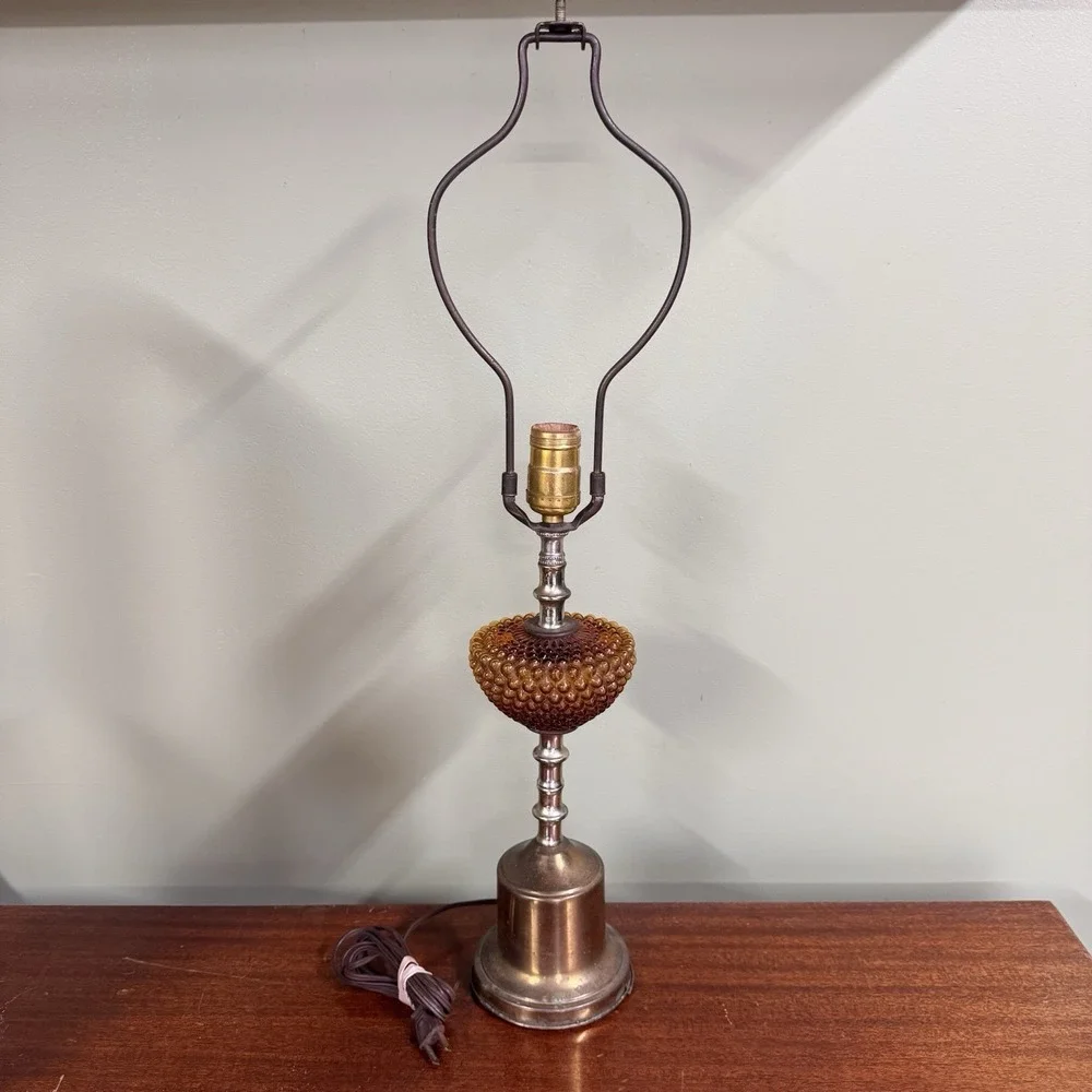 Vtg Amber Glass Hobnail Electric Lamp Metal Brass Colored  26